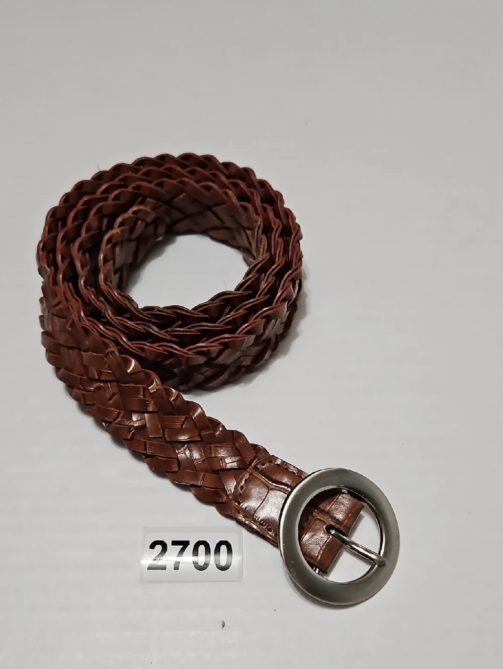 Women's Braided Brown Leather Belt with Round Silver Buckle Size M/L
